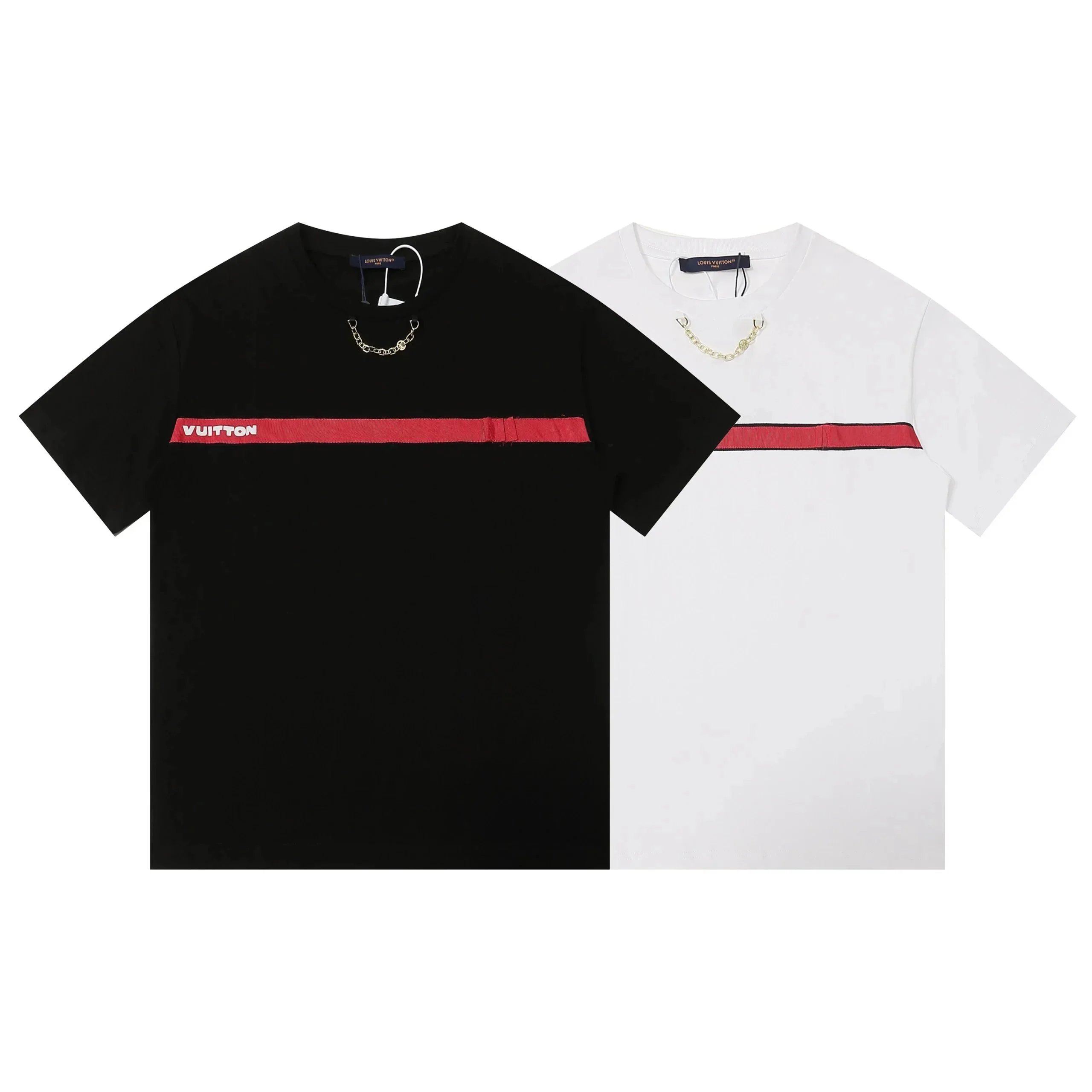 New red logo webbing decorated chain T-shirt