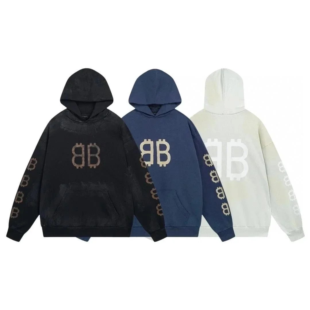 Mud-dyed aged hand-painted hooded sweatshirt