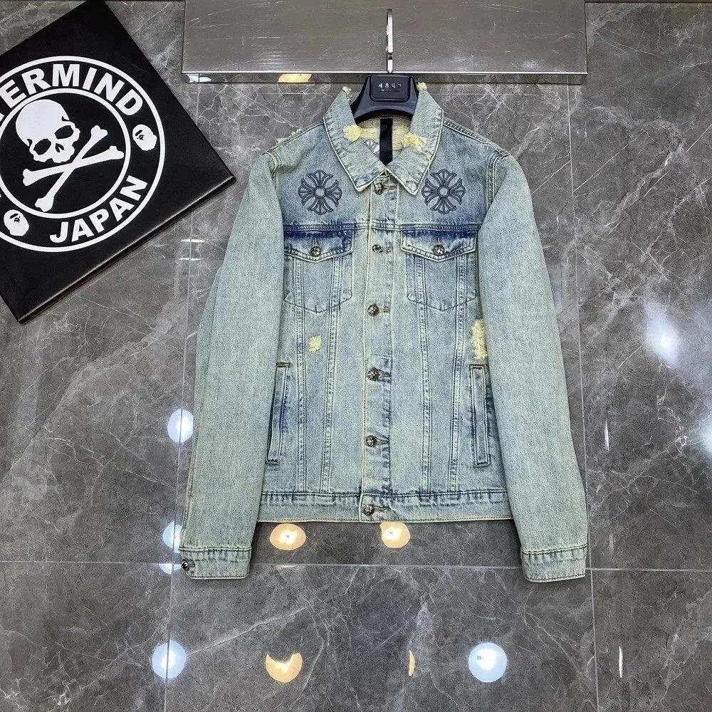 Embroidered horseshoe perforated denim jacket