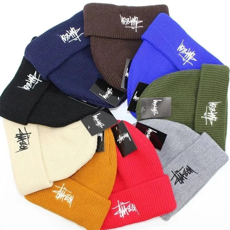 Solid-color embroidered trendy knitted hats for couples